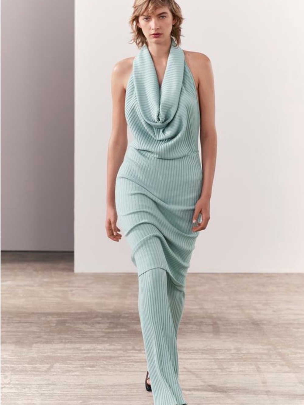 Zara Ribbed Cowl-Neck Halter Midi Dress - Light Mint